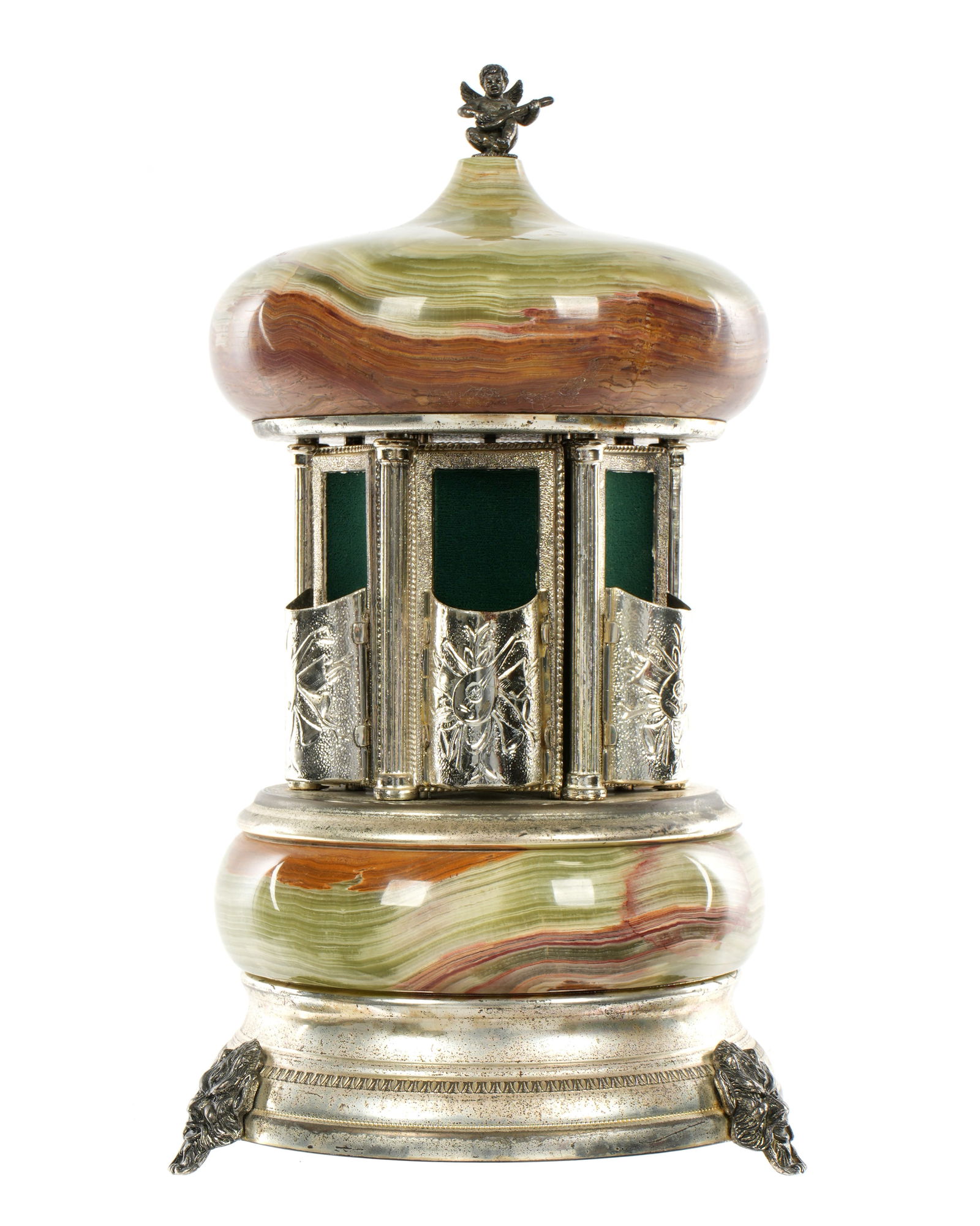 Reuge Onyx and Silvered Musical Cigar Holder: Variegated green and brown onyx and silvered metal mechanical cigar holder music box. Labeled on base "Made in Italy" "Reuge Swiss Musical Movement". Plays Torna a Surriento. All on three satyr head f
