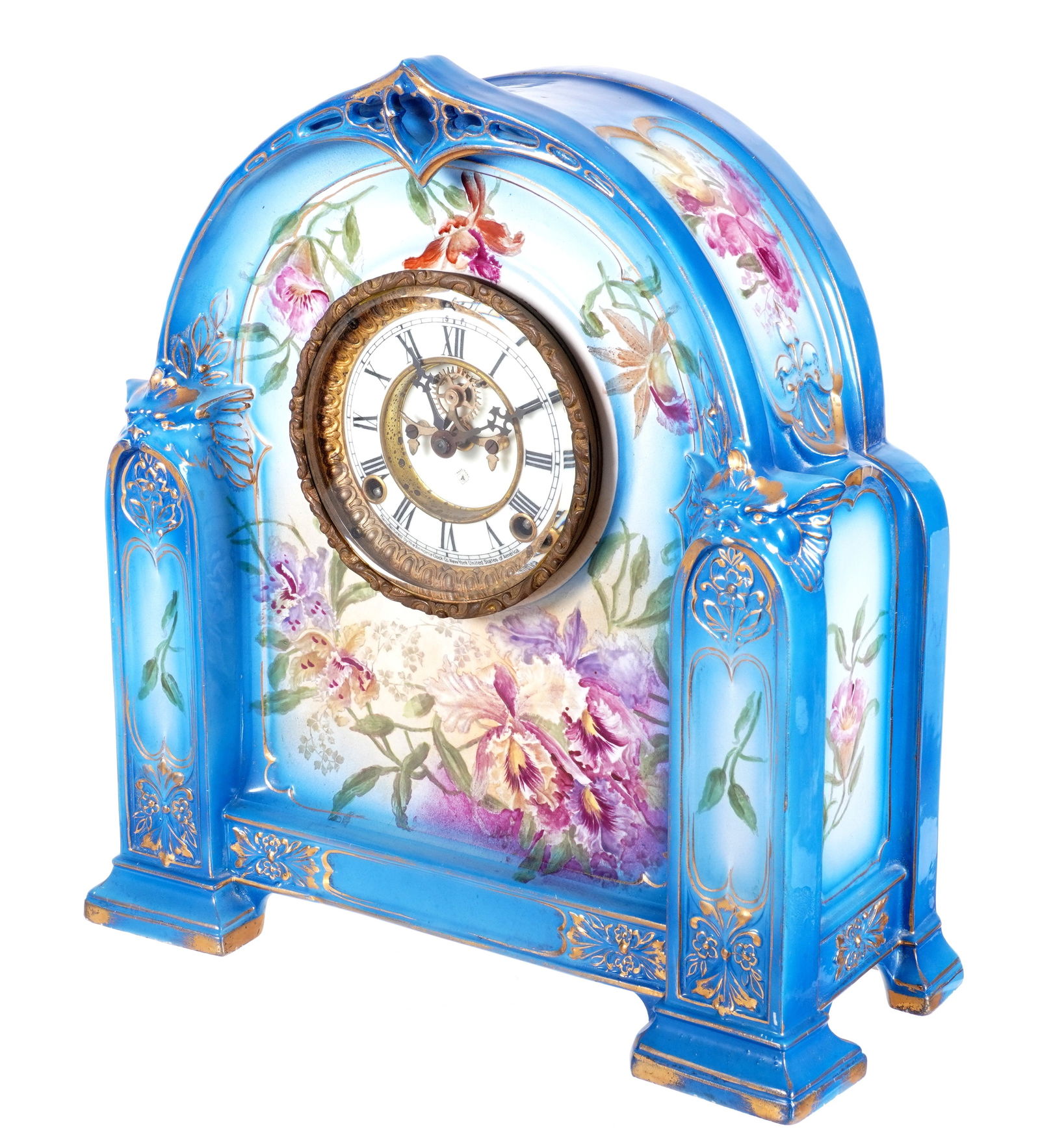 Royal Bonn Ansonia La Vire Mantel Clock: Royal Bonn "La Vire" porcelain mantel clock, hand painted floral decoration and gilt accents. Enamel dial with open escapement, marked Ansonia. Ansonia time and gong strike movement. Overall 15" h. x