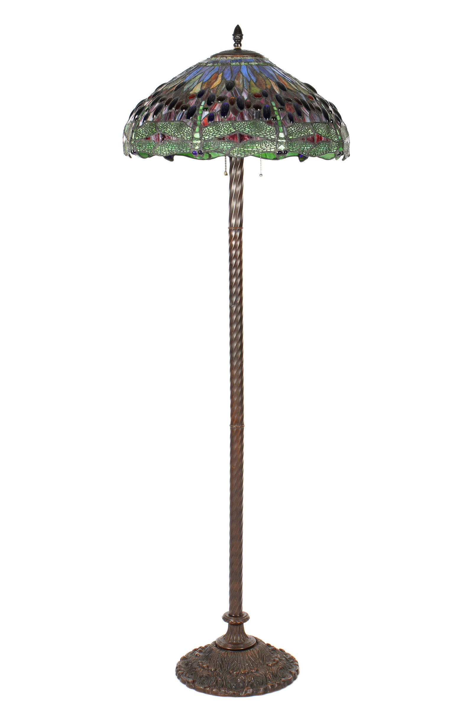 Tiffany Style Dragonfly Leaded Glass Floor Lamp: Tiffany Studios style dragonfly pattern leaded and stained glass shade with "jeweled" eyes, unmarked, 10" h. x 22" dia., aperture 5". Bronzed metal triple socket base, 65.75" h. x 13" base dia. Condit