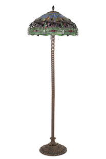 Tiffany Style Dragonfly Leaded Glass Floor Lamp: Tiffany Studios style dragonfly pattern leaded and stained glass shade with "jeweled" eyes, unmarked, 10" h. x 22" dia., aperture 5". Bronzed metal triple socket base, 65.75" h. x 13" base dia. Condit