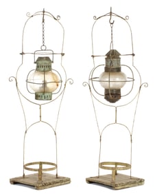 Two Onion Glass Ship's Oil Lanterns on Stands