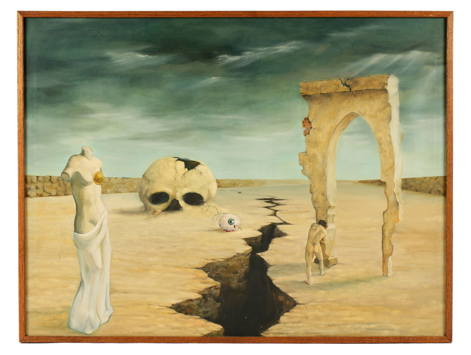 Roi Merriman Dali Style Surrealist Landscape: MERRIMAN, Roi (America, 20th Century): Surrealist landscape in the style of Salvador Dali, with skull, eyeball, figure of Venus, nude male figure, and ruins of an arch, Oil on Canvas, no visible signa
