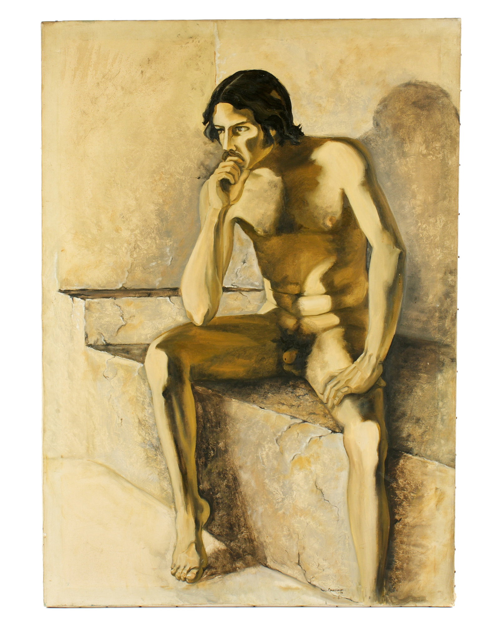 Roi Merriman Seated Nude Self Portrait Painting: MERRIMAN, Roi (American, 20th Century): Nude self portrait of the artist seated, Oil on Canvas, signed and dated '70 lower right, 48" x 34", unframed. Condition: Spotting, abrasions, scratches, stretc