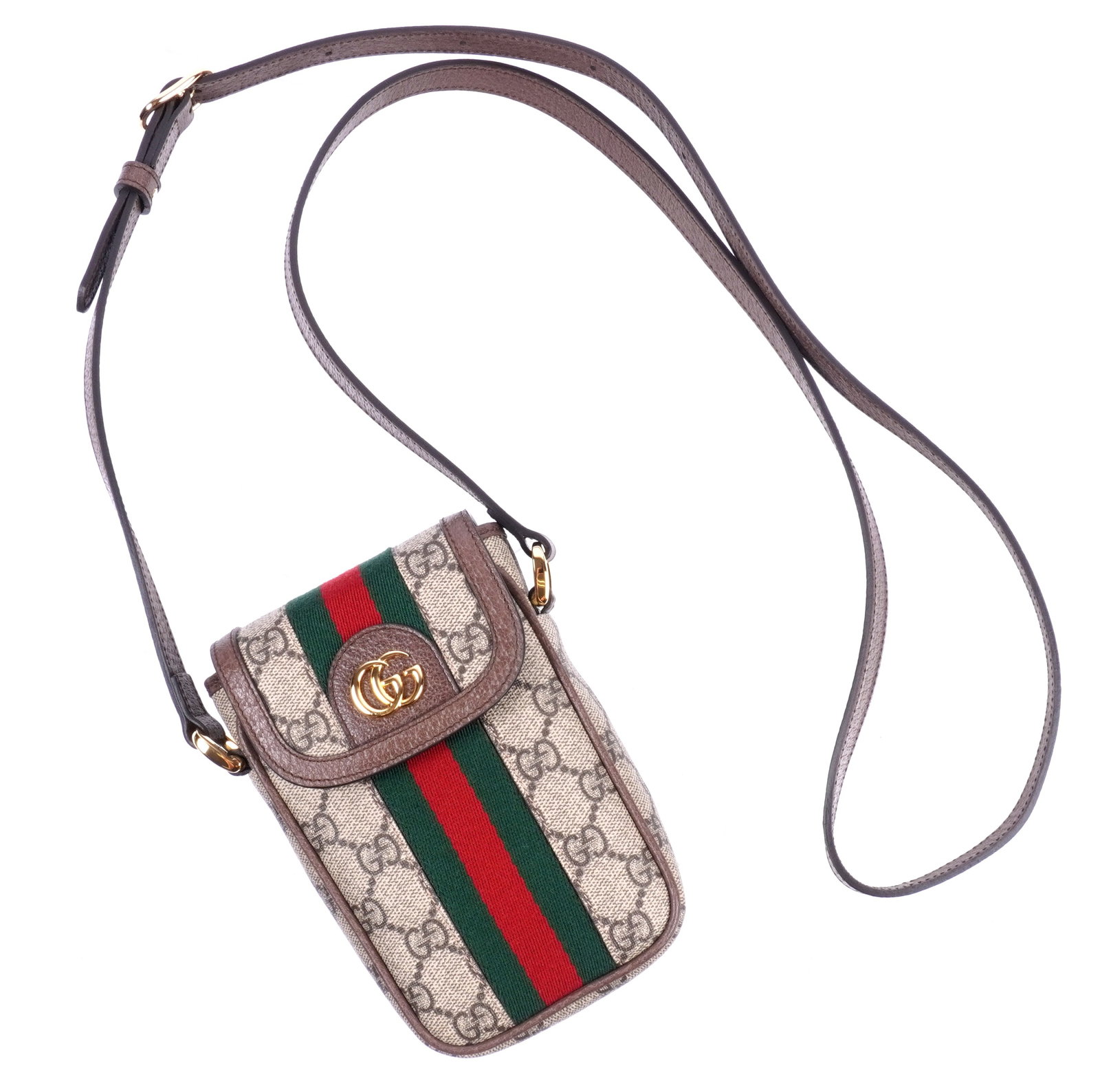 Gucci Monogram Supreme Mini Ophidia Bag Purse: Mini Ophidia crossbody wallet / phone holder bag, Supreme GG monogram logo canvas, brown leather strap and trim, exterior leather ID holder. 6.5" h. x 4.5" x 2". Sold with white cloth Gucci dust bag.