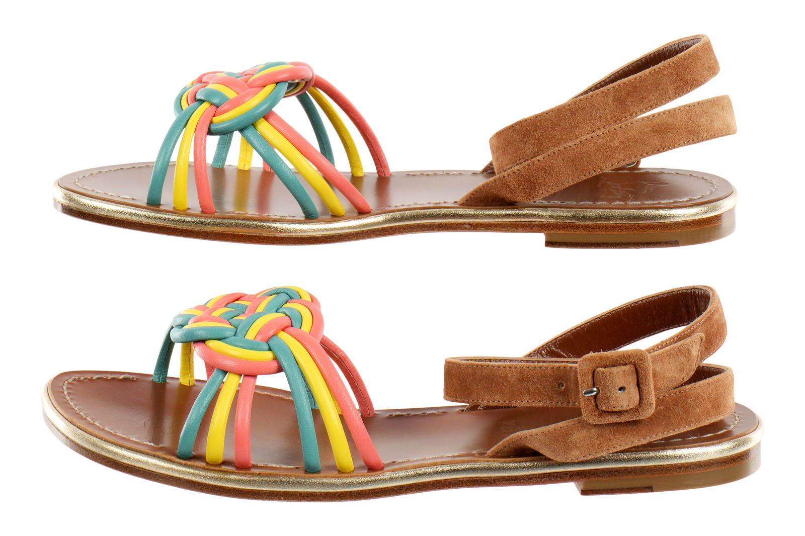 Pair Christian Louboutin Ella Leather Sandal Flats size 39: Pair "Ella" flats sandals, multi color and brown leather, iconic red soles, size 39 (approx. 8.5 US). Sold with original box and red cloth dust cover. Box measures 4.25" h. x 11.75" x 8.75". Condition