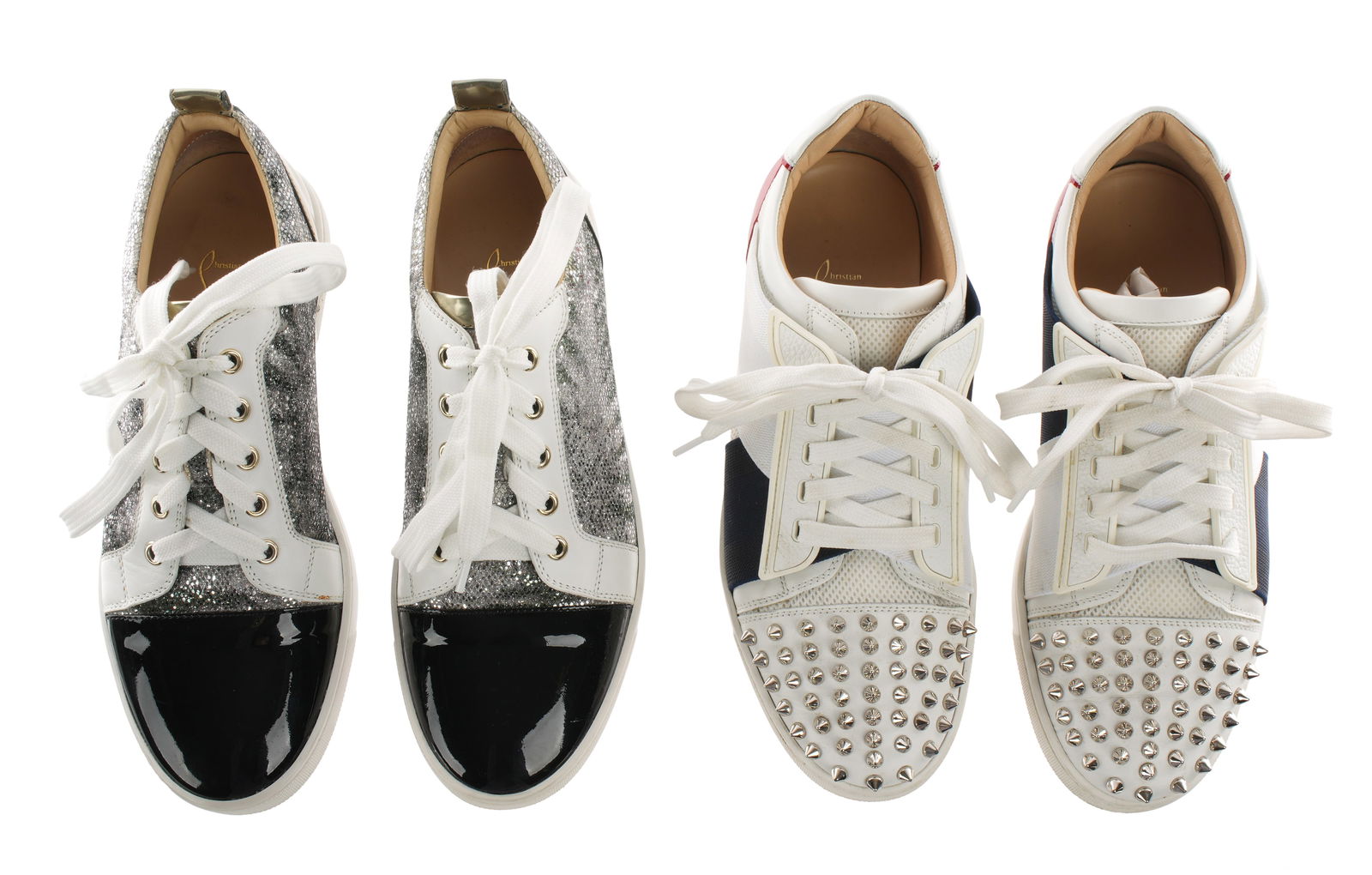 Two Pairs Christian Louboutin Sneaker Shoes size 39: Two pairs total to include 1) "Elastikid Donna" multi color canvas, white and red leather, silver spikes, red soles. Size 39 (approx. 8.5 US). 2) "Gondoliere", black and gold patent leather, silver an