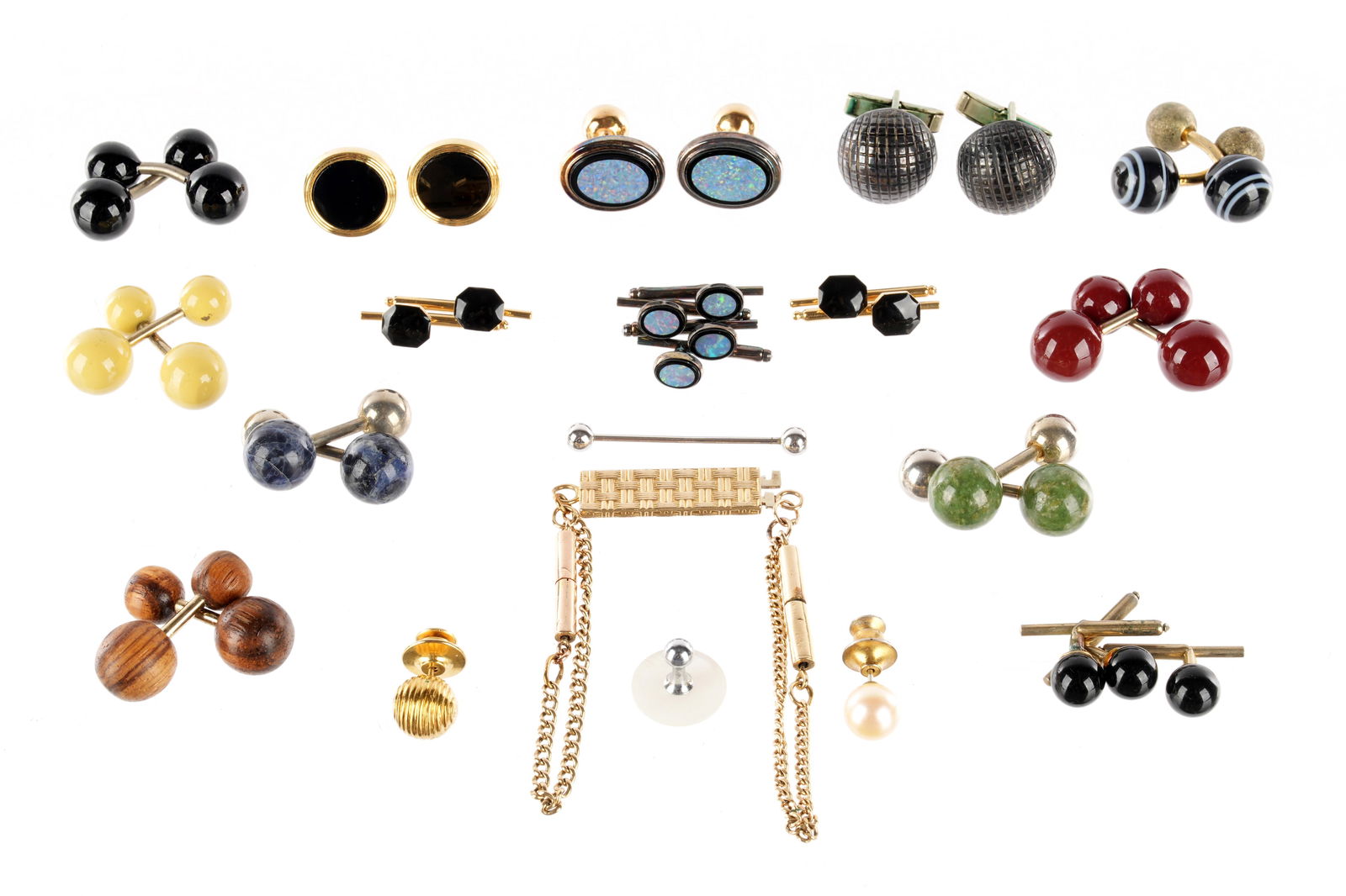 Collection of Mens Cufflinks and Shirt Studs: An assembled collection of men's accessories, to include 10 pairs of cufflinks, one pair marked 14k with opal cabochons. 3 sets of shirt studs, gold toned watch fob. Condition varies, please see photo
