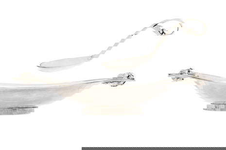 Georg Jensen Blossom Handled Bowl & other Spoon: Two sterling silver pieces total by Georg Jensen to include 1) Double handled oval footed serving bowl in the Blossom pattern, well marked under foot, number 2, overall 2.5" h. x 12" x 7.5". Note