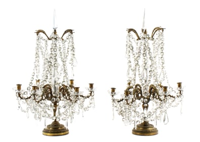 Pair French Bronze and Crystal Table Girandoles