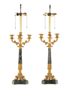 Pair French Gilt Bronze & Marble Candelabra Lamps