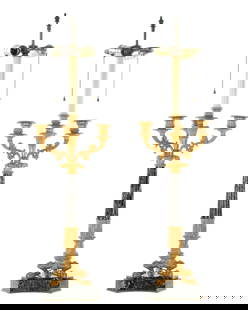 Pair French Gilt Bronze & Marble Candelabra Lamps: Gilt bronze three scroll candle arms of fluted tapered marble columns shafts supported by three gilt bronze paw feet. All on splayed marble base. Double socket light fixture extends from center