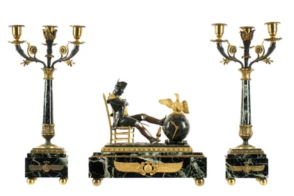 French Bronze Marble Napoleon Clock Garniture Set