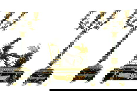 French Bronze Marble Napoleon Clock Garniture Set: Parcel gilt bronze figure of Napoleon reclining on a chair, foot resting on globe clock case with eagle final, stepped variegated marble base with applied gilt bronze decoration . Unmarked key wind