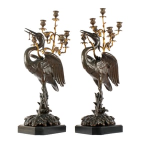Pair Large French Bronze Crane Figural Candelabra