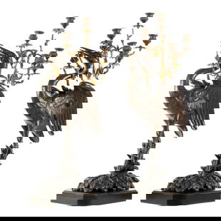 Pair Large French Bronze Crane Figural Candelabra: Patinated bronze figure oaf a crane or stork supporting a seven light candelabra with gilt accents. Crane is standing on foliate base with serpents, unmarked. Affixed to wood base.. Overall 31" h. x