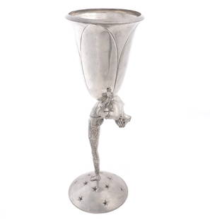 Piero Figura Large Pewter Figural Vase: Figura Piero per Atena pewter figural deco woman supporting a tall vase, standing atop a domed base with impressed stars. Well signed on base. Overall 24" h. x 8.5". Condition: Minor dings.