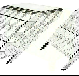 Hollywood Regency Style Four Drawer Chest: 20th Century, flat mirror top over raised pyramid form panels on front and sides, two drawers over two drawers, glass pulls, on four feet. Unmarked, overall 30.5" h. x 42.5" x 19". Condition: Chip to