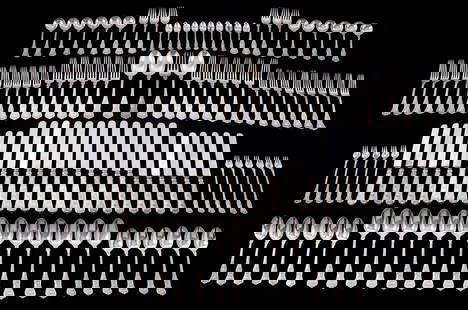 121pc Tiffany & Co Olympian Sterling Flatware Set: Approx. 121 sterling silver pieces in the Olympian pattern by Tiffany & Co., assembled between new and old, approx. 51 pieces old, 44 pieces new, all knives new, to include 12 forks (8"), 18 forks