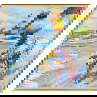 Large Howard Behrens Beach with Figures Painting: BEHRENS, Howard, (American, 1933--2014): "A Day at the Beach", depiction of a woman and two children walking along the shoreline with sailboats, Oil on Canvas, signed lower right and dated '83,