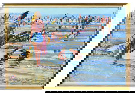 Large Howard Behrens Tidal Pools Beach Painting: BEHRENS, Howard, (American, 1933-2014): "Tidal Pools", depiction of a crowded beach, Oil on Canvas, signed and dated '83 lower left, original 1983 Walter Finlay Galleries appraisal for $3800 affixed