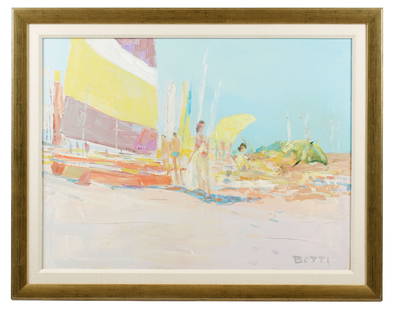 Large Italo Botti Beach with Sailboats Painting: BOTTI, Italo, (Argentina, 1889-1970): "Low Tide", impressionist beach scene with figures and sailboats, Oil on Canvas, signed lower right, Walter Finlay Galleries label affixed verso, 30" x 40",
