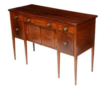 American Hepplewhite Sideboard Possibly Southern: Repaired rectangular top over center drawer over two doors, open interior. Single drawer over cellarette drawer either side. String and geometric inlaid front. tapered and inlaid front legs. Overall