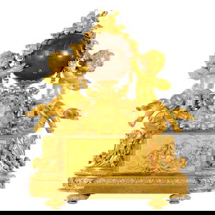 Stunning French Deniere Bronze Figural Clock: Impressive and large parcel gilt bronze mantle clock featuring figural cherubs, crest with artistic and musical items, floral garland, lower frieze depicting classical scene with satyress and putti.