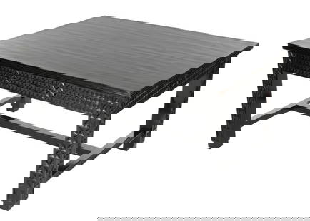 North African Moroccan Berber Carved Dining Table: 20th Century. Rectangular dining table, ebonized finish all over, geometric diamond design carved skirt and straight legs. No visible markings or tags. Overall 31.5" h. x 62.25" x 45". Condition: