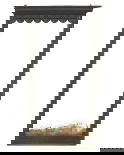 North African Moroccan Berber Carved Wall Mirror: 20th Century. Ebonized wood frame, molded cornice over geometric and shell carved frame. Overall 62.5" h. x 37" x 5.25". Condition: Wear and scratches to frame, mirror with considerable issues.