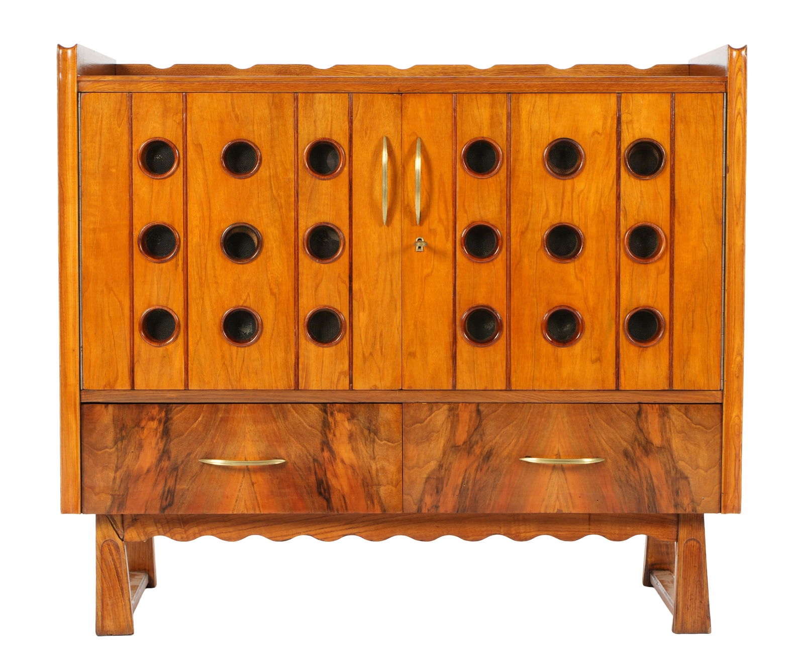 Art Deco Italian Walnut Bar Cabinet: Rectangular art deco design Italian bar cabinet, rectangular case, notched top gallery, two doors with wire lined portholes over two burl walnut drawers. Shaped skirt, tapered legs. Left side interior