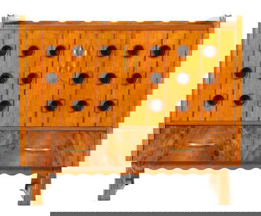 Art Deco Italian Walnut Bar Cabinet: Rectangular art deco design Italian bar cabinet, rectangular case, notched top gallery, two doors with wire lined portholes over two burl walnut drawers. Shaped skirt, tapered legs. Left side