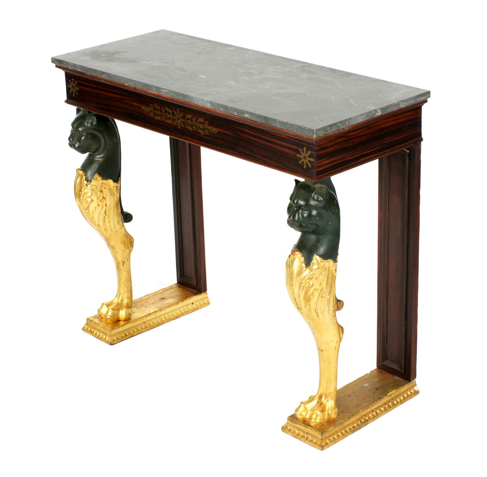 Regency Rosewood Marble Top Carved Console Table: Grey variegated marble top over conforming rosewood base. Apron inlaid with brass palmettes and snowflake decoration. Carved, painted, and gilt wood figural feline front supports ending in paw feet. G