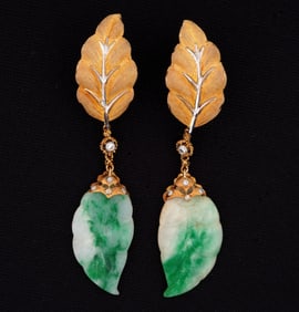 Pair 18k Gold Diamond & Jade Buccellati Earrings