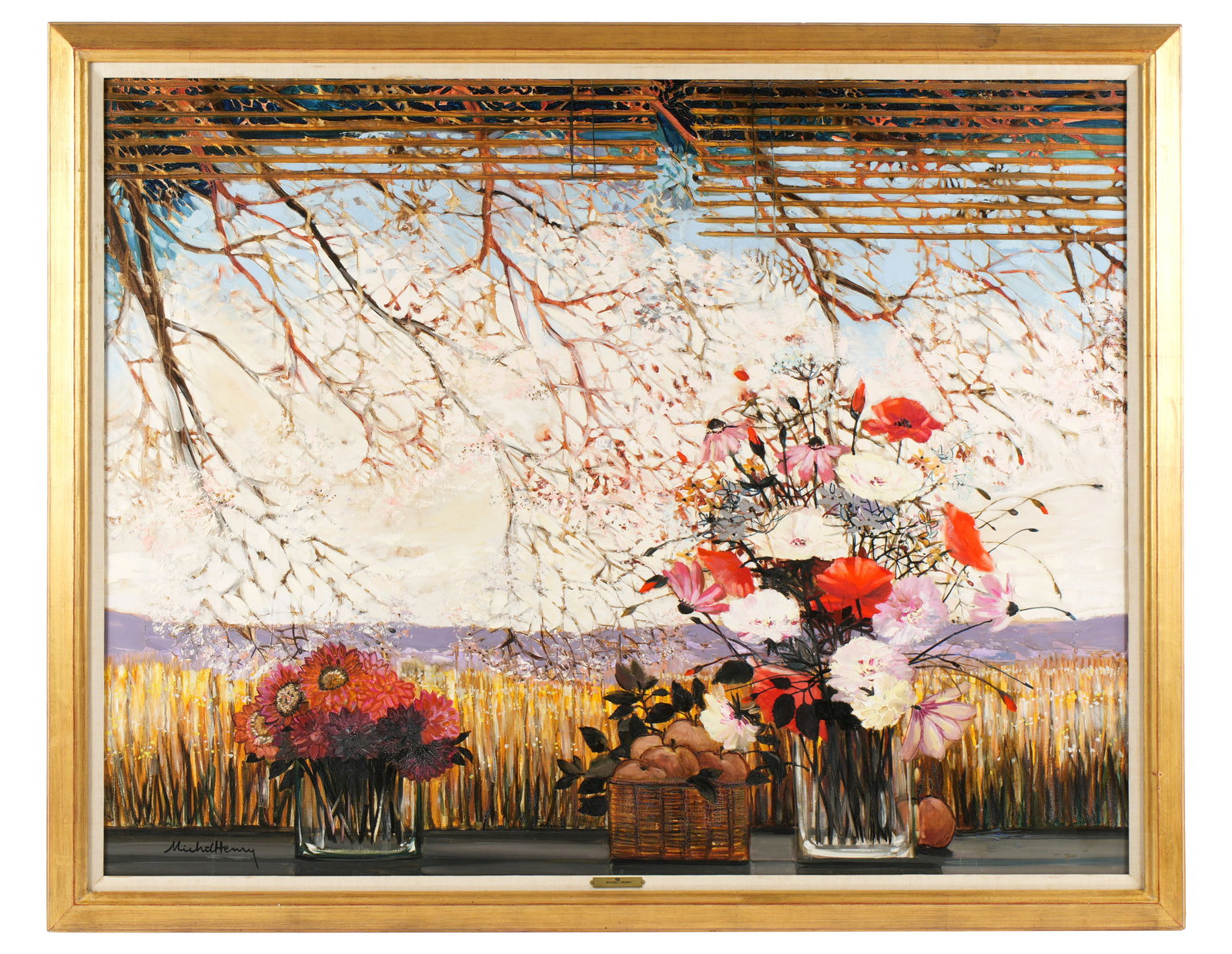 Michel-Henry Still Life Flowers in Window Painting: MICHEL-HENRY, (French, 1928-2016): "Roses, Coquelicots, Sinnias", exceptionally large still life of flowers in vase in a window overlooking landscape, signed lower left, original 1979 Walter Finlay Ga