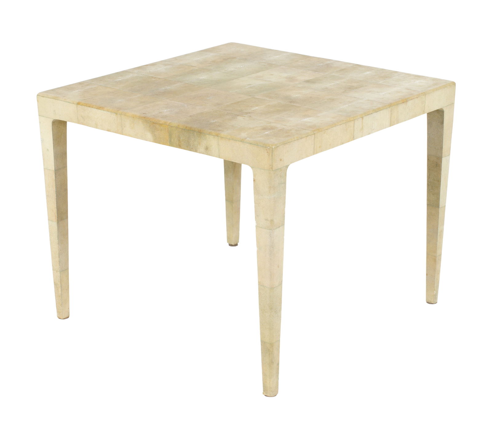 1970's attr. Karl Springer Shagreen Square Dining Table: Mid Century, attributed to Karl Springer, square top with shagreen panels overlay, overlay continues on tapered legs, no makers mark or labels. Overall 29.25" h. x 36" x 36". Condition: Wear and chips