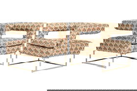 Pair attr Milo Baughman Cantilever Lounge Chairs: Pair attributed Milo Baughman design open arm and back cantilever lounge chairs, mid century motif upholstery, all on textured metal legs and stretchers. No tags or marks. Overall 26.5" x 29" x 26.25"