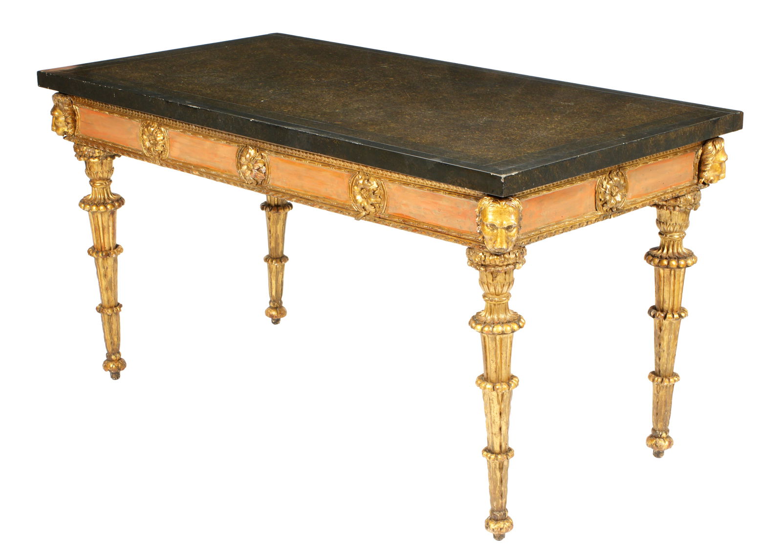 18th Century Large Italian Carved Parcel Gilt Console Table: Painted faux marble top over painted apron with carved giltwood floral medallions. Figural lion masks at corners. Ornately carved, fluted, and tapered legs. Overall 35.5" h. x 65" x 34". Condition: Sc