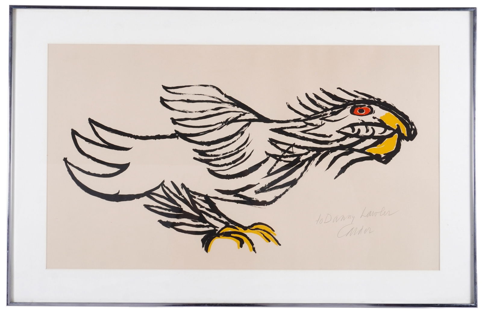 1975 Alexander Calder L'aigle Lithograph: CALDER, Alexander, (American, 1898-1976): "L'aigle" from the Flying Colors series, Lithograph in Colors on Paper, pencil signed under dedication "to Danny Lawler" lower right, sight size 19" h. x 33",