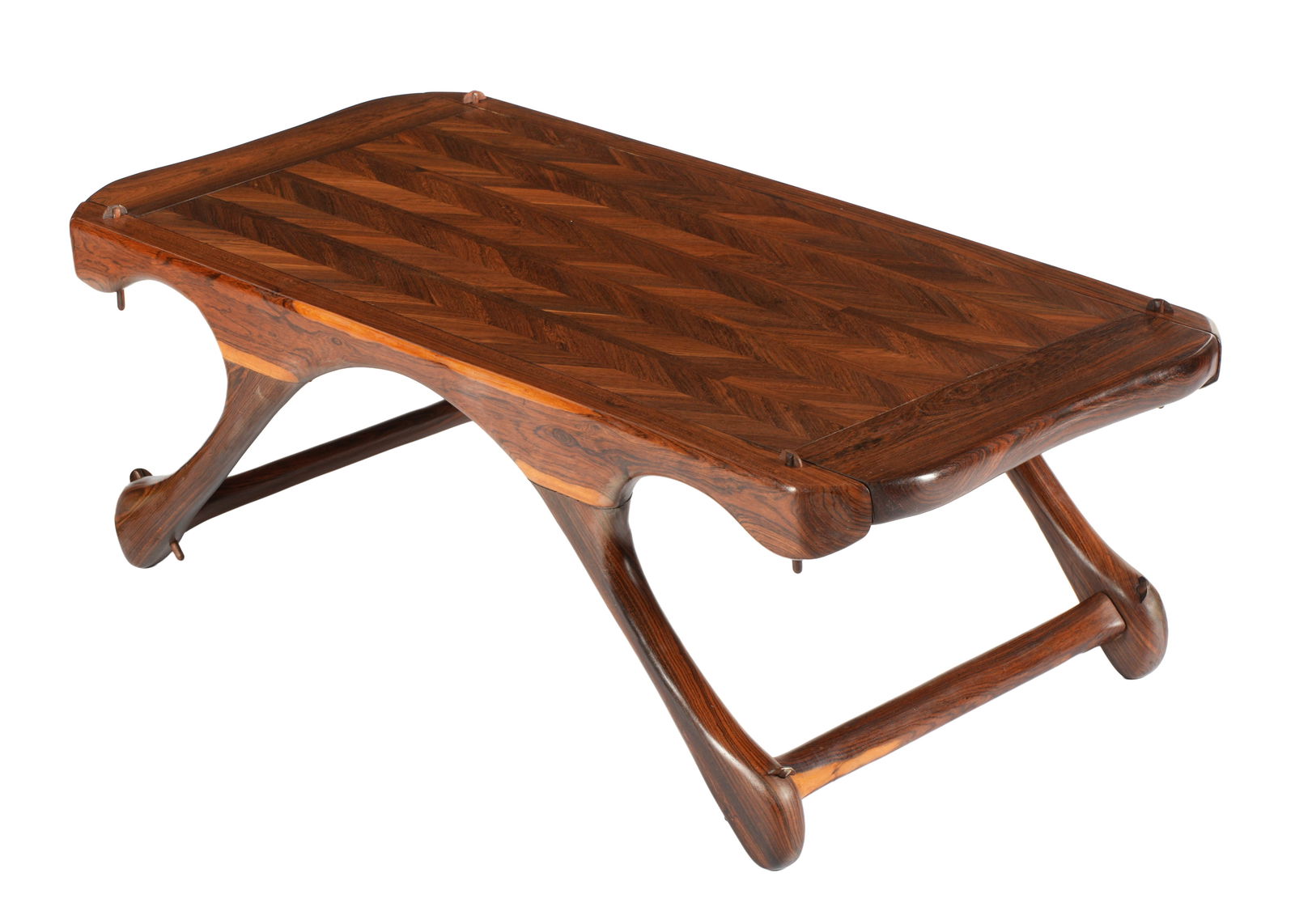 Don Shoemaker Parquetry Rosewood Coffee Table: Rosewood or cocobolo frame, parquetry inlaid center, shaped legs, partial tag. Overall 15.5" h. x 46" x 21.5".