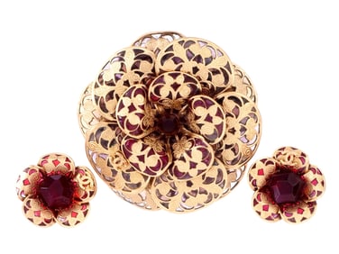 Chanel Camelia Gold Toned Enamel Brooch & Earrings