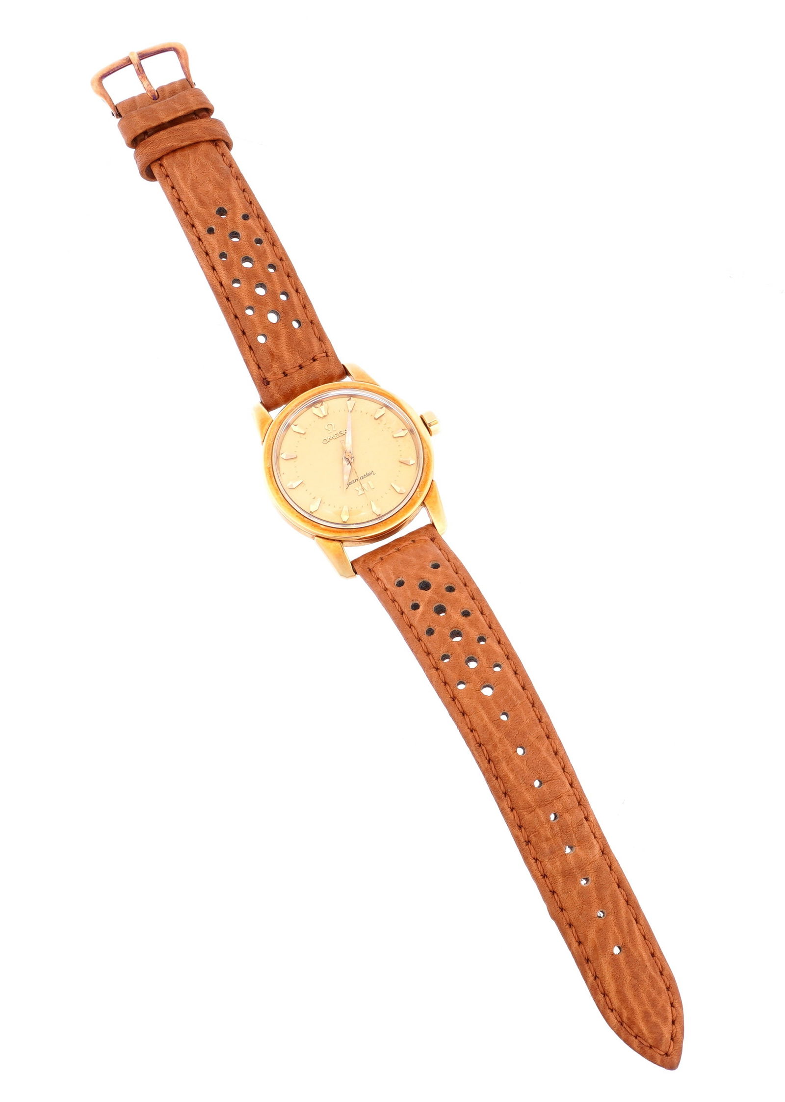 Vintage Omega Seamaster XVI Gold Wrist Watch: 35mm gold case, back appears to be a replacement as it does not have the typical marking or "Cross of Merit", automatic movement, gold toned dial, black leather band, 9" long. Condition: Scratches to