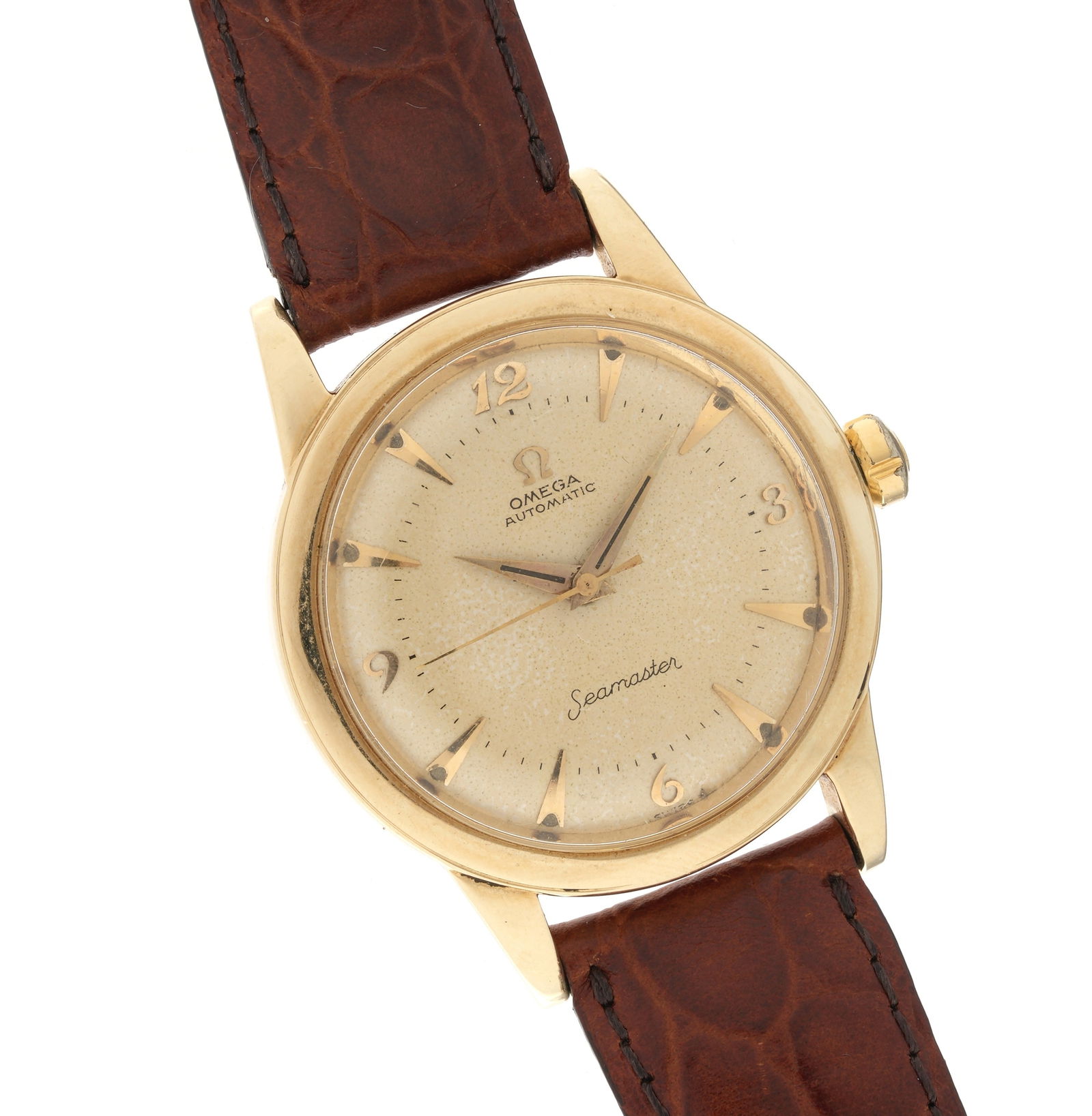 Vintage Omega Seamaster 14k Gold Wrist Watch: 34mm 14k yellow gold case, automatic movement, gold toned dial and markers, alligator grained leather band, 9.5". Condition: Minor signs of wear to include scratches. Currently running however not gua