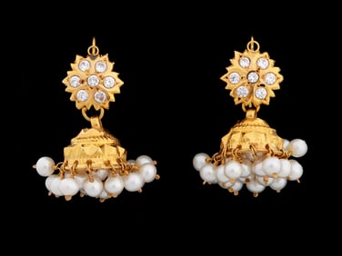 Pair Jhumka 22k Gold Diamond Seed Pearl Earrings