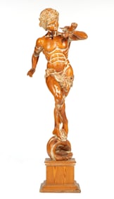 Italian Life Size Carved Wood Figure Pan with Horn