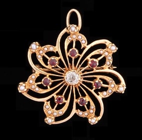 14k Gold Diamond Ruby & Seed Pearl Brooch