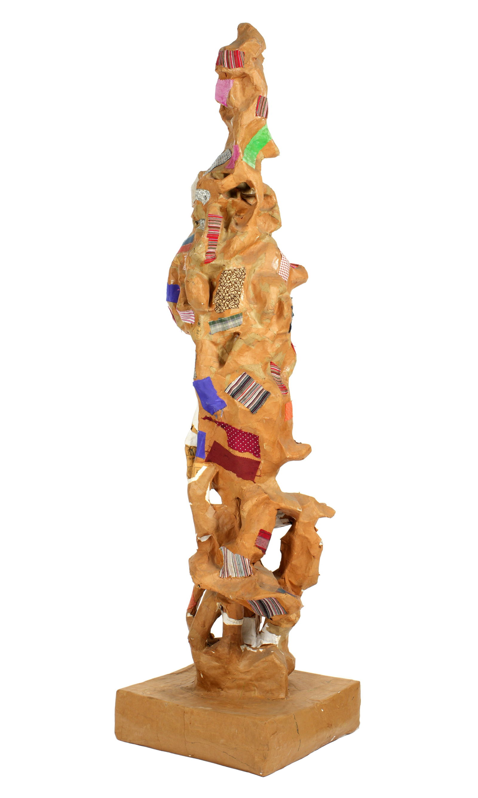 6' Tall Alexander Ney Fabric Paper Mache Sculpture: NEY, Alexander, (Russian/American, b. 1939): Abstract mixed media Paper Mache and Fabric panels tall sculpture on square base. Overall 73" h. x 19" x 19". Please see photos for condition.