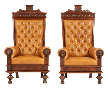 Pair Tall Carved Oak Continental Hall Lodge Chairs