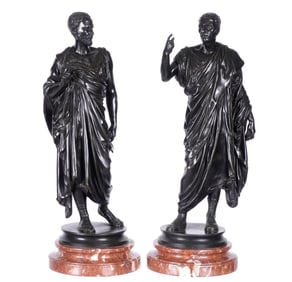 Pair Classical Roman Statesman Bronze Sculptures