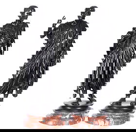 Pair Classical Roman Statesman Bronze Sculptures: Two patinated bronze pieces total, each depicting a Roman statesman, orators, or emperors. No visible signatures or markings. Affixed to rouge marble plinth. Taller overall 21" h. x 8.5". Condition: O