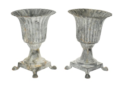 Pair Antique Cast Iron Fluted Urn Garden Planters